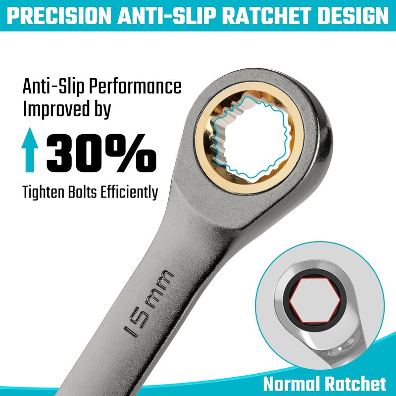 DURATECH Anti-Slip Ratcheting Wrench Set, Combination Wrench Set, 22-piece, Metric & SAE, 1/4" to 3/4" & 6-18mm, 72-Tooth, CR-V Steel, Nickel Plating, with Pouch - Image 3